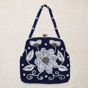 Vintage Beaded Evening Bag: Navy Blue Floral Handbag, Rhinestone Clasp